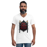 Dark Truth Revealed design on unisex V-neck shirt, front view