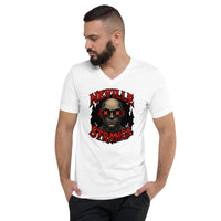 Neville Strange Future Corpses design on unisex V-neck shirt, front view