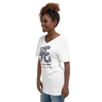 Death Kanji 死 Bloody Sword design on unisex V-neck shirt, left-front view