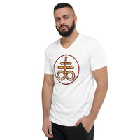 Withered Leviathan Cross design on unisex V-neck shirt, left-front view