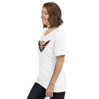 Grinning Bat Skull design on unisex V-neck shirt, left-front view