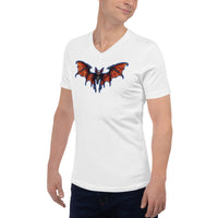 Whimsical Vampire Bat Skeleton design on unisex V-neck shirt, left-front view