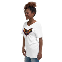 Vampire Bat Skeleton design on unisex V-neck shirt, left-front view