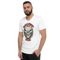Grinning Skull Pumpkin design on unisex V-neck shirt, left-front view