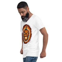 Fire Jack O' Lantern design on unisex V-neck shirt, left-front view
