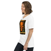 Happy Halloween Evil Pumpkin design on unisex V-neck shirt, left-front view