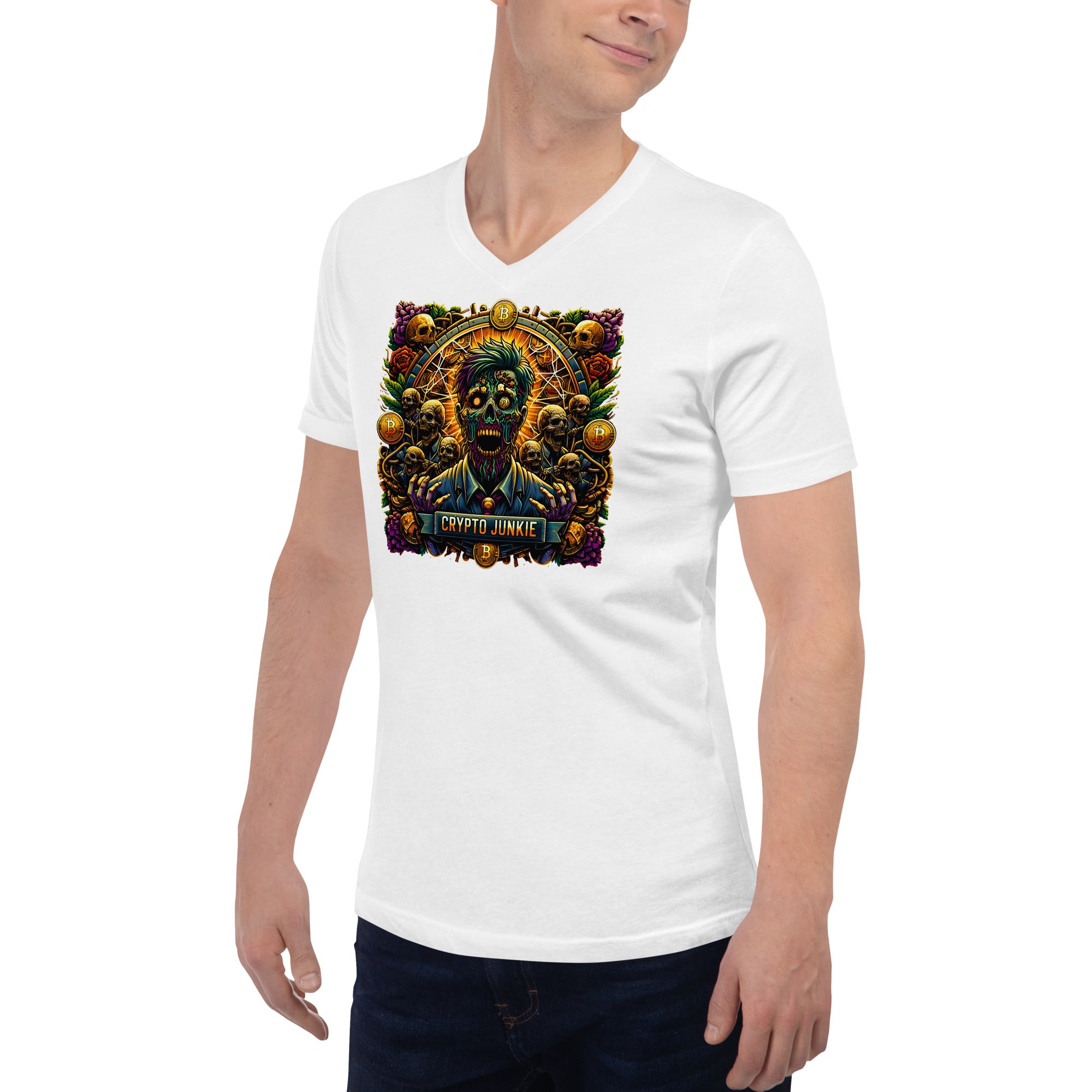 Crypto Junkie Zombie Businessman Horror Bitcoin Short Sleeve V-Neck T-Shirt