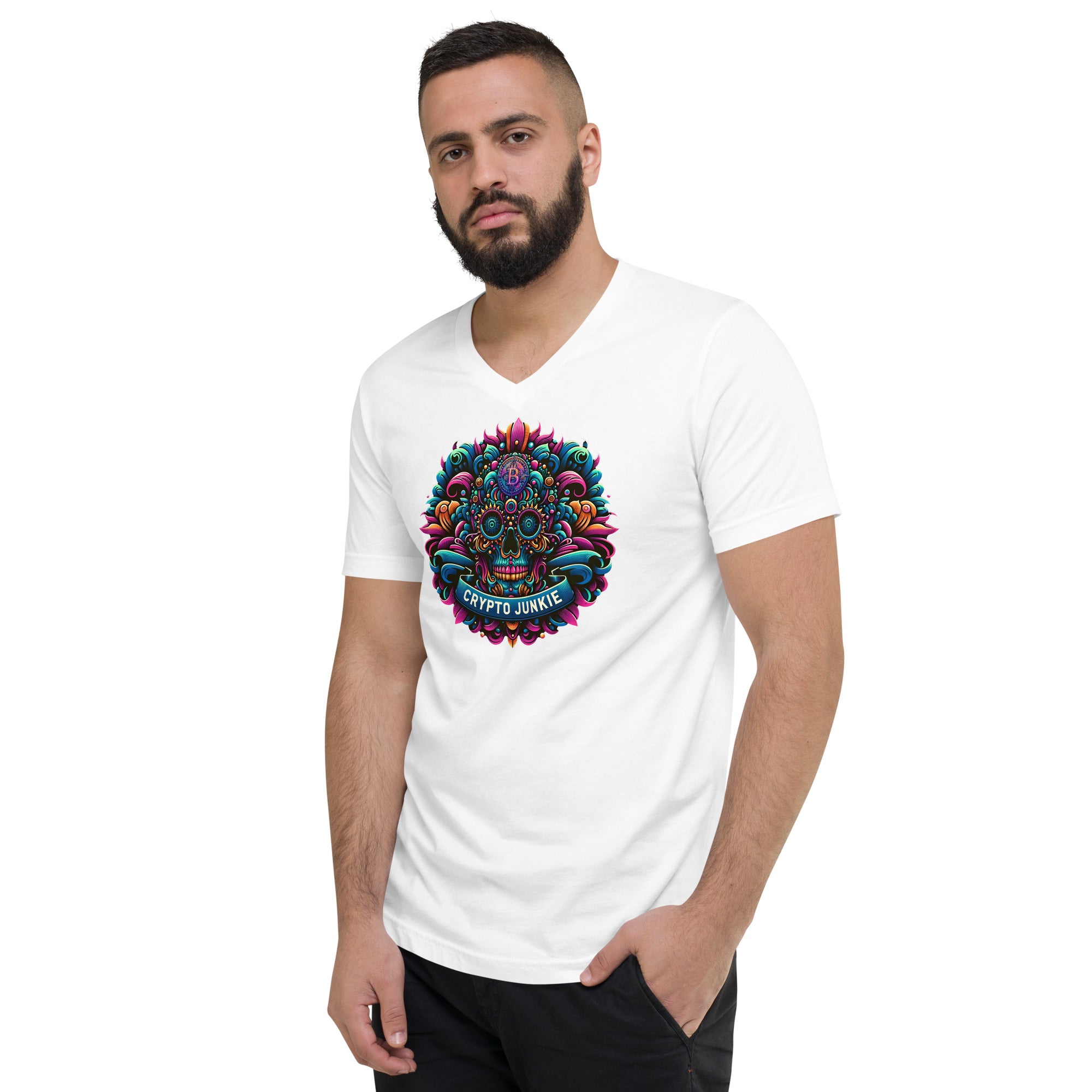 Crypto Junkie Mexican Sugar Skull Bitcoin Digital Asset Short Sleeve V-Neck T-Shirt