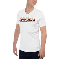 Samurai Wordmark design on unisex V-neck shirt, left-front view