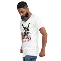 Splash Katana Swords design on unisex V-neck shirt, left-front view