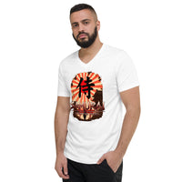 Samurai Honor the Sword design on unisex V-neck shirt, left-front view