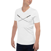 Dual Samurai Swords design on unisex V-neck shirt, left-front view