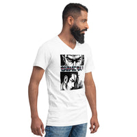 Anime Eyes Japanese Manga design on unisex V-neck shirt, right-front view