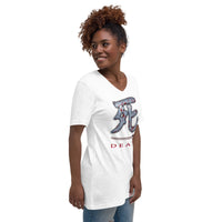 Death Kanji 死 Bloody Sword design on unisex V-neck shirt, right-front view