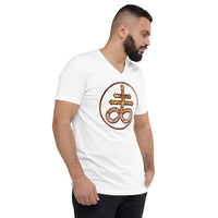 Withered Leviathan Cross design on unisex V-neck shirt, right-front view