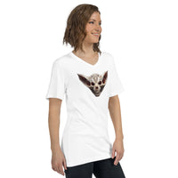 Grinning Bat Skull design on unisex V-neck shirt, right-front view
