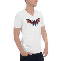 Whimsical Vampire Bat Skeleton design on unisex V-neck shirt, right-front view