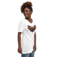 Vampire Bat Skeleton design on unisex V-neck shirt, right-front view