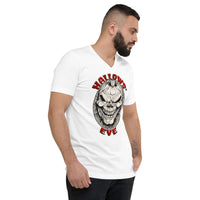 Grinning Skull Pumpkin design on unisex V-neck shirt, right-front view