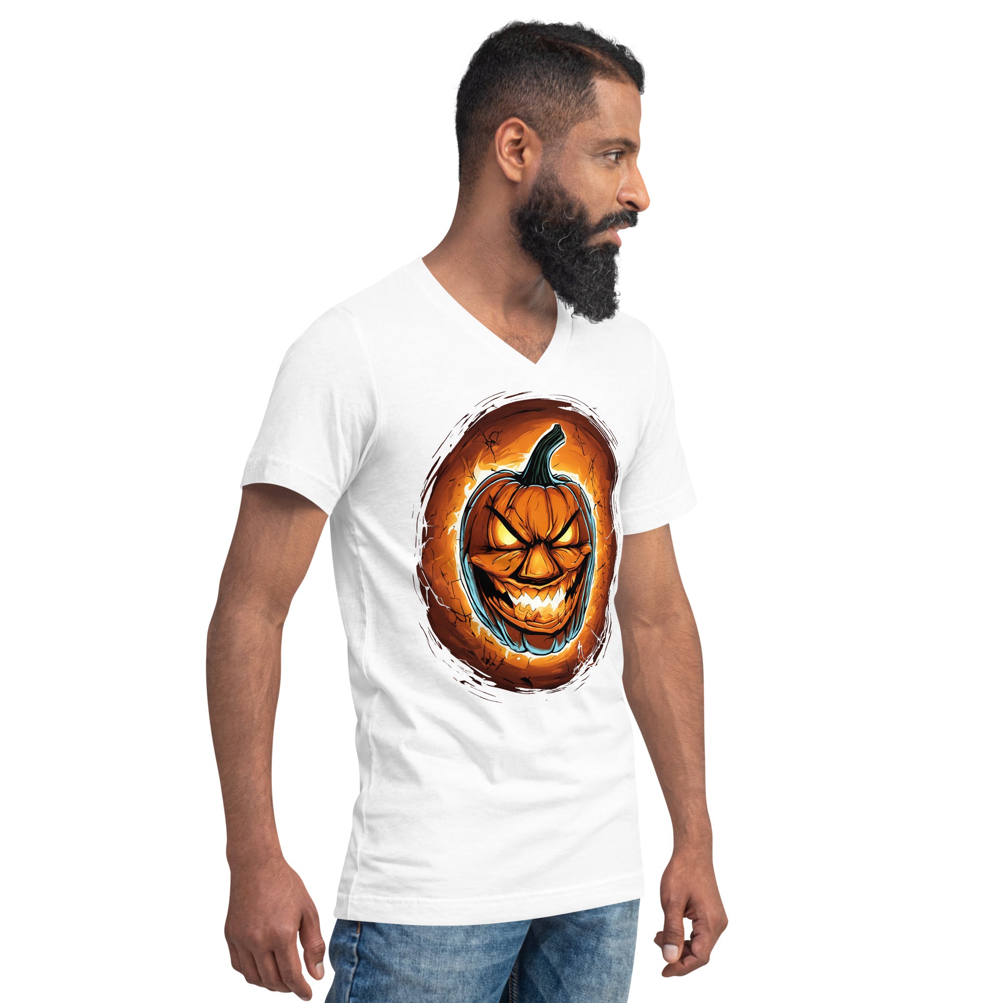 Halloween Fire Pumpkin Jack O Lantern Season Short Sleeve V-Neck T-Shirt