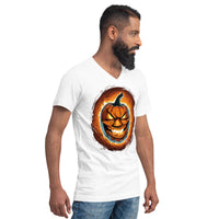 Fire Jack O' Lantern design on unisex V-neck shirt, right-front view