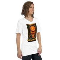Happy Halloween Evil Pumpkin design on unisex V-neck shirt, right-front view
