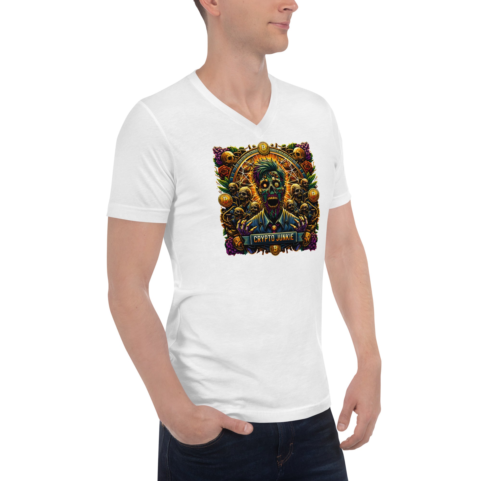 Crypto Junkie Zombie Businessman Horror Bitcoin Short Sleeve V-Neck T-Shirt