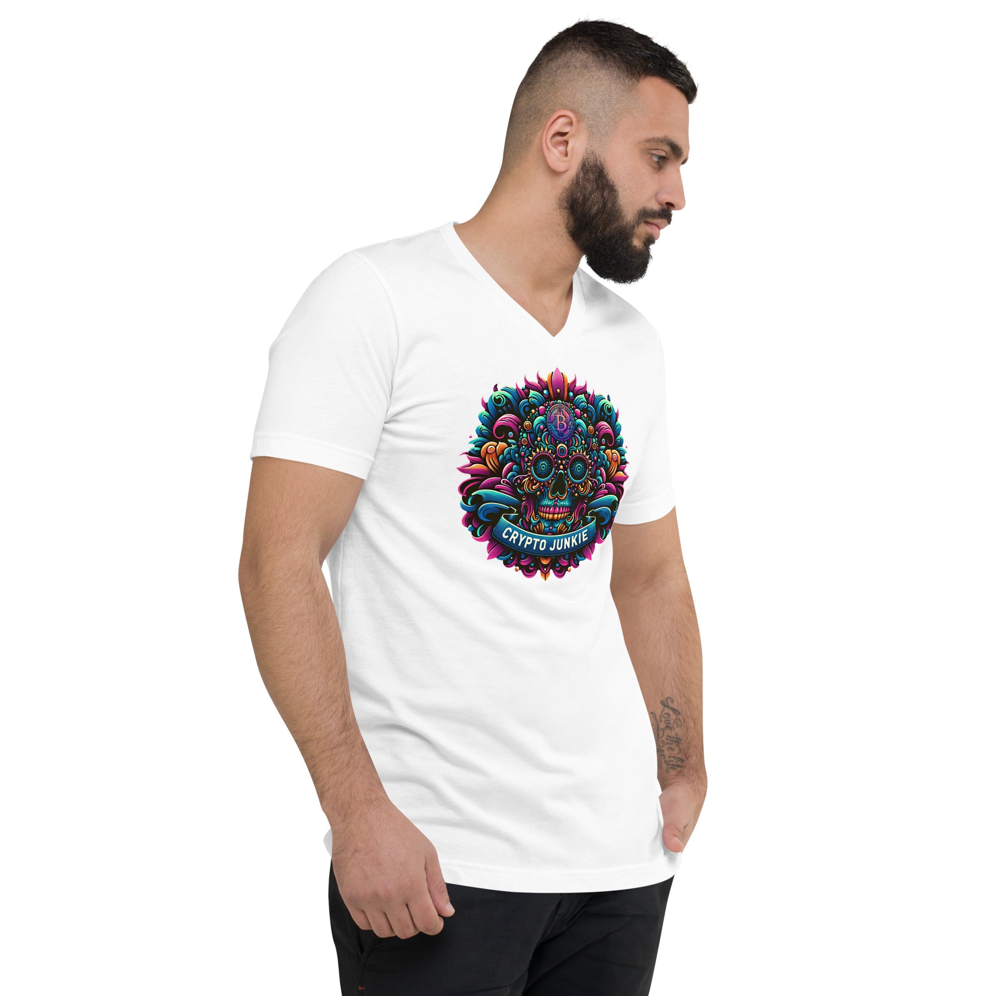 Crypto Junkie Mexican Sugar Skull Bitcoin Digital Asset Short Sleeve V-Neck T-Shirt