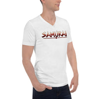 Samurai Wordmark design on unisex V-neck shirt, right-front view