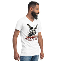 Splash Katana Swords design on unisex V-neck shirt, right-front view