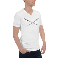 Dual Samurai Swords design on unisex V-neck shirt, right-front view