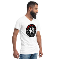 Samurai Honor Kanji 侍 design on unisex V-neck shirt, right-front view