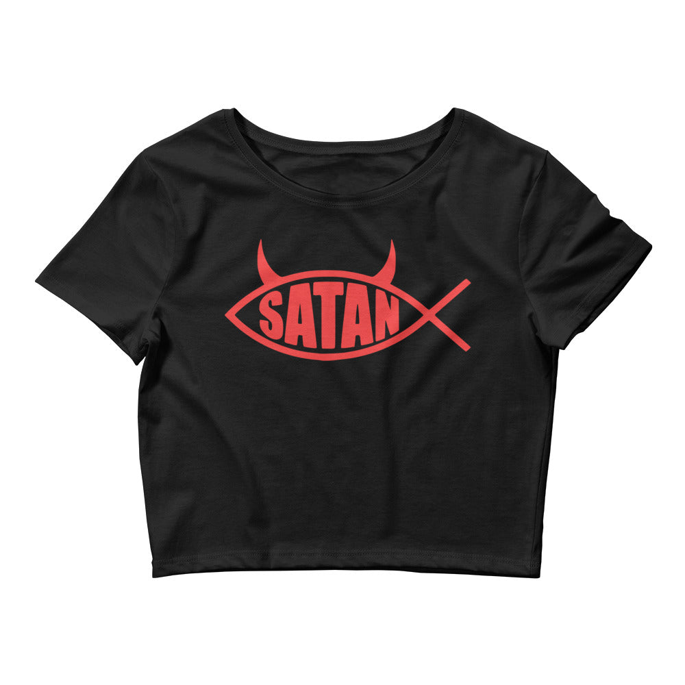 Red Ichthys Satan Fish with Horns Religious Satire Women’s Crop Tee