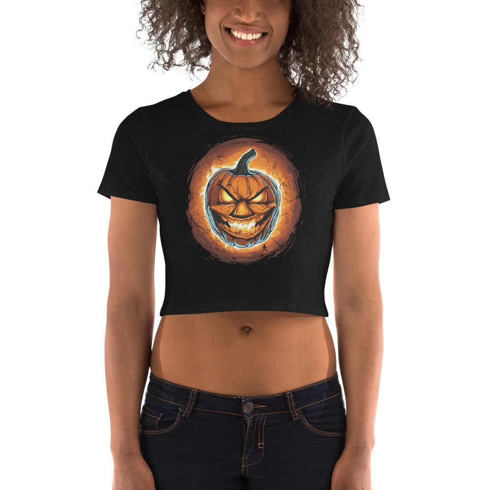 Halloween Fire Pumpkin Jack O Lantern Season Women’s Crop Tee