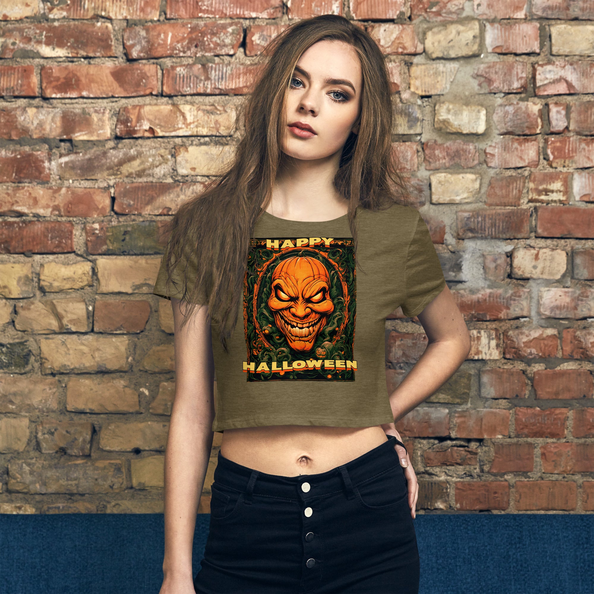 Happy Halloween Carved Evil Pumpkin Face Women’s Crop Tee