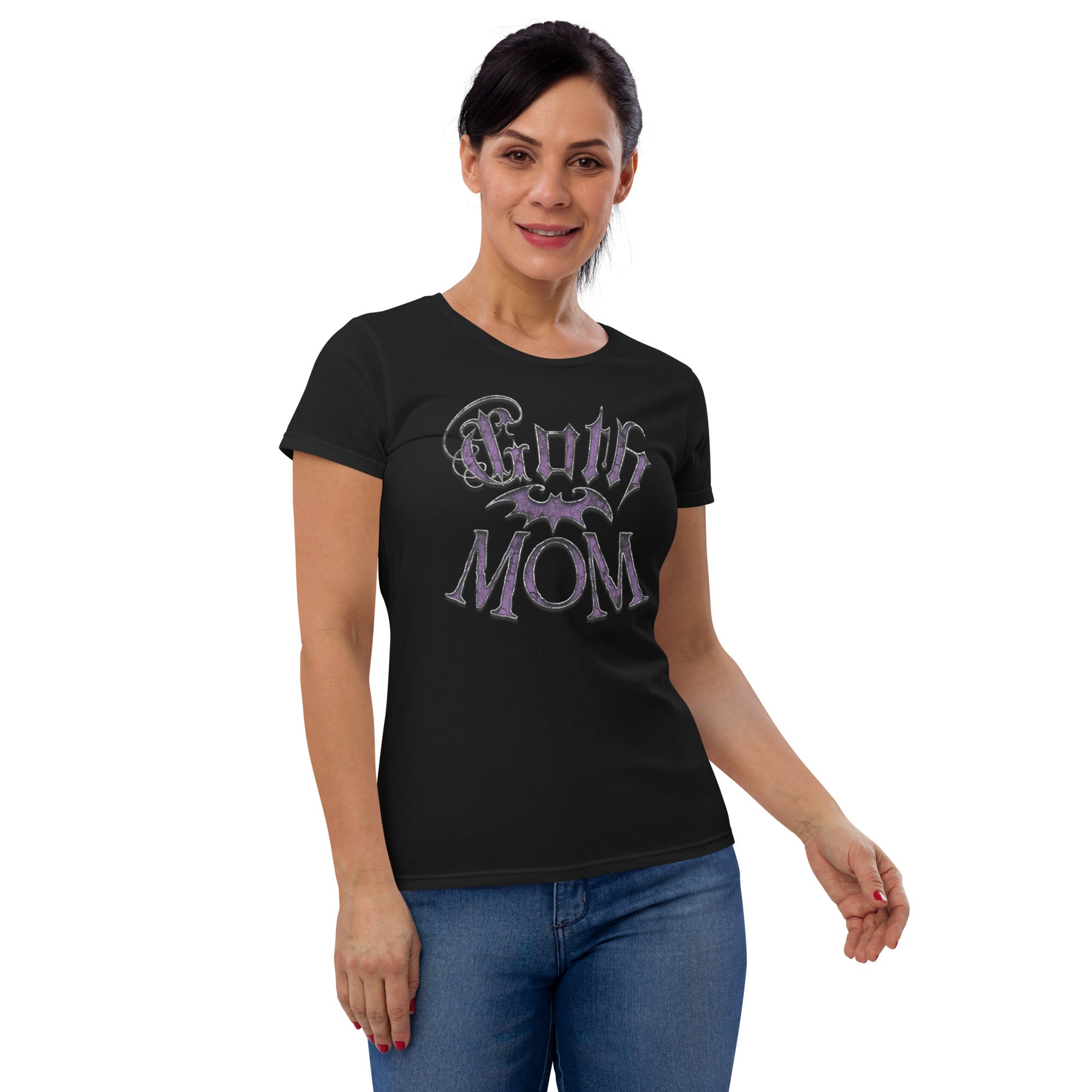 Purple Goth Mom with Bat Mother's Day Women's Short Sleeve Babydoll T-shirt
