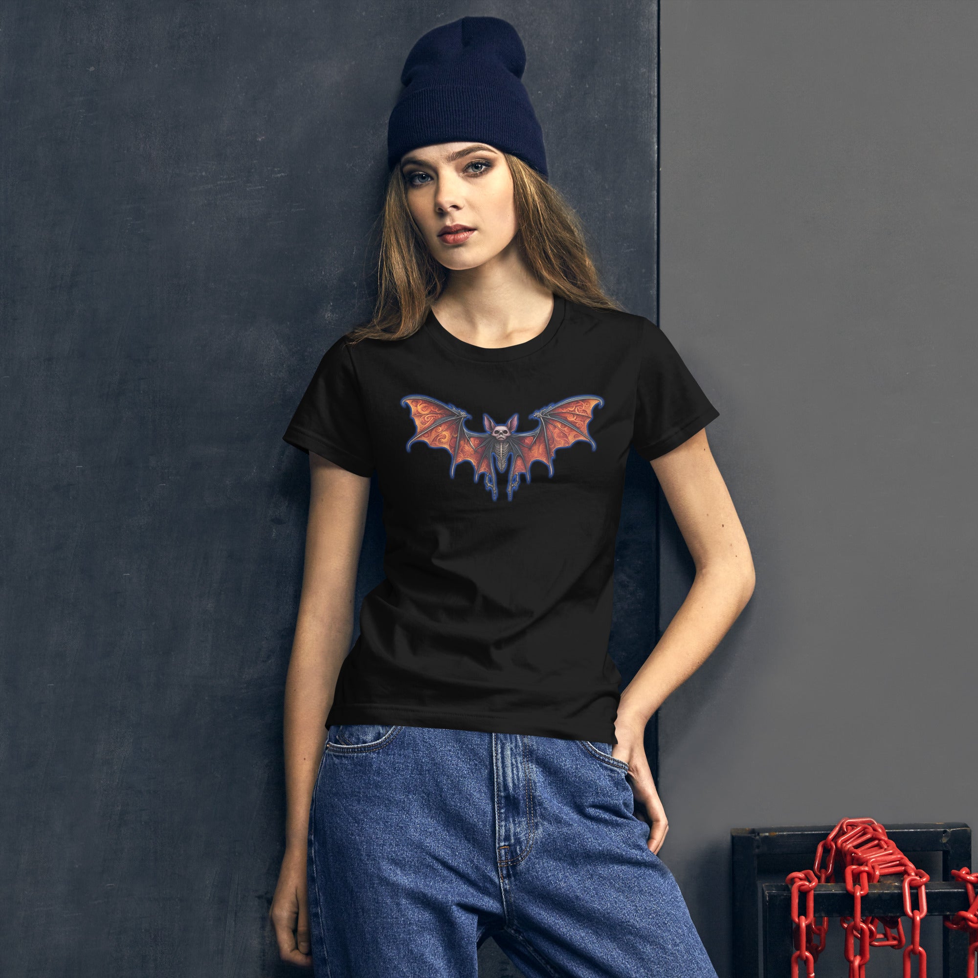 Vampire Bat Skeleton w/ Whimsical Goth Wings Women's Short Sleeve Babydoll T-shirt