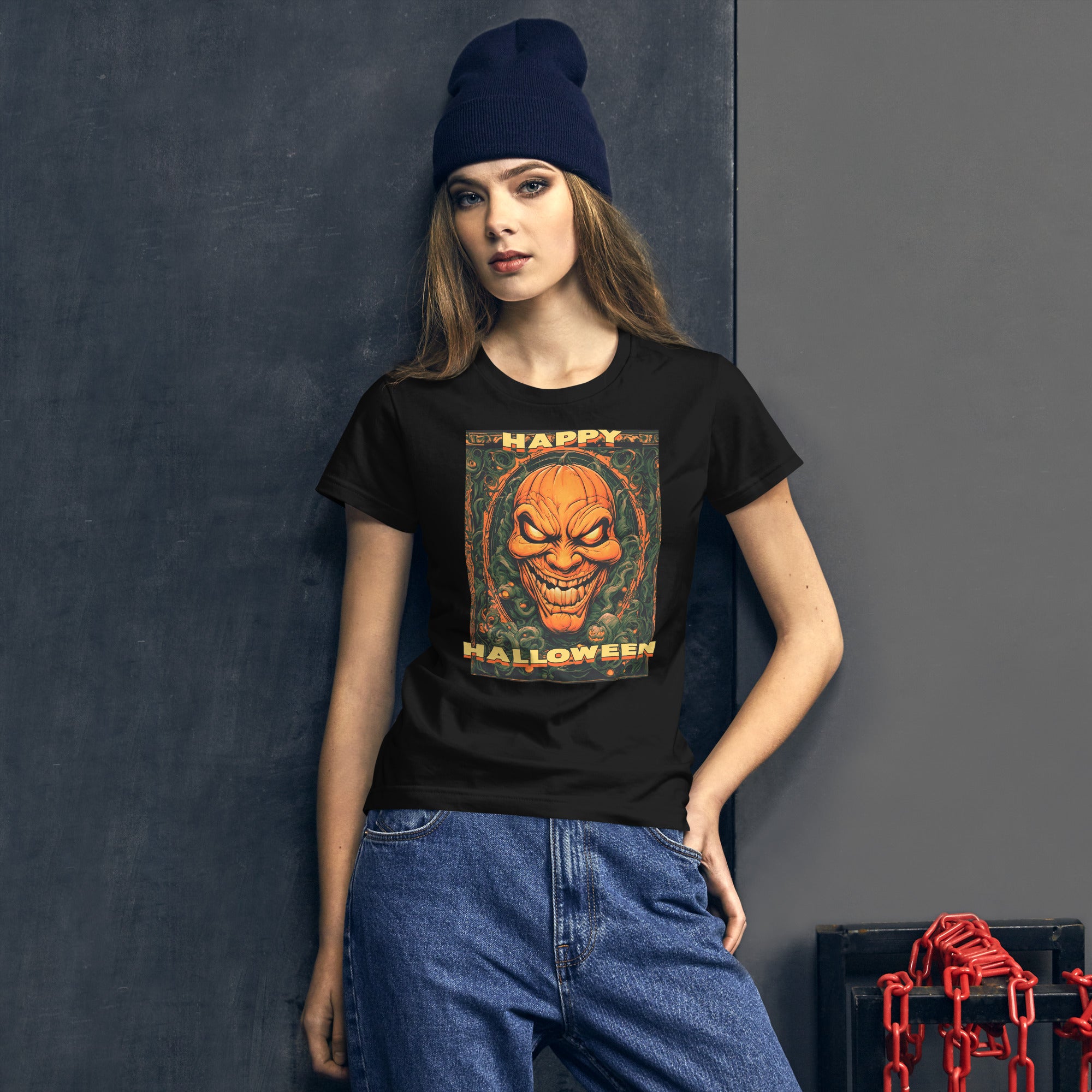 Happy Halloween Carved Evil Pumpkin Face Women's Short Sleeve Babydoll T-shirt