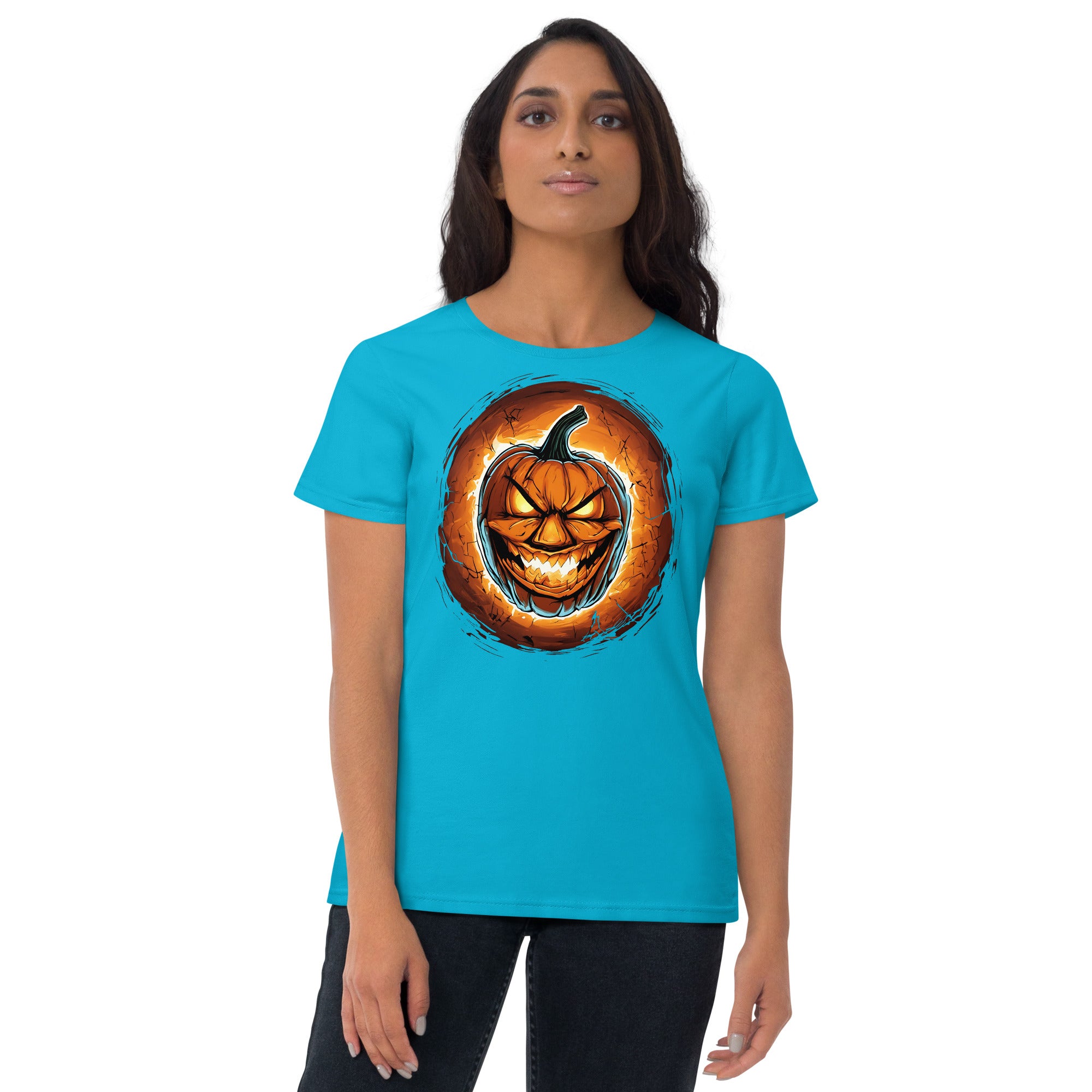 Halloween Fire Pumpkin Jack O Lantern Season Women's Short Sleeve Babydoll T-shirt