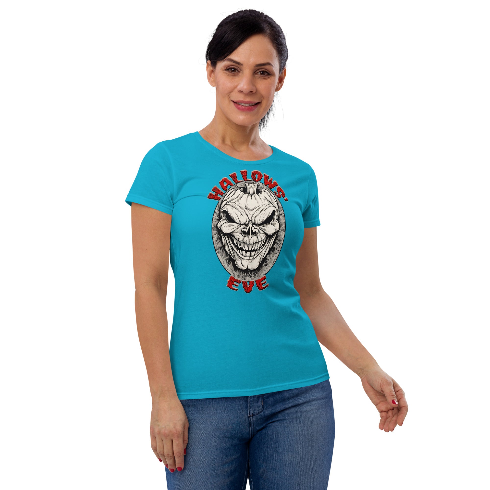 Grinning Skull Pumpkin Hallows' Eve Halloween Women's Short Sleeve Babydoll T-shirt