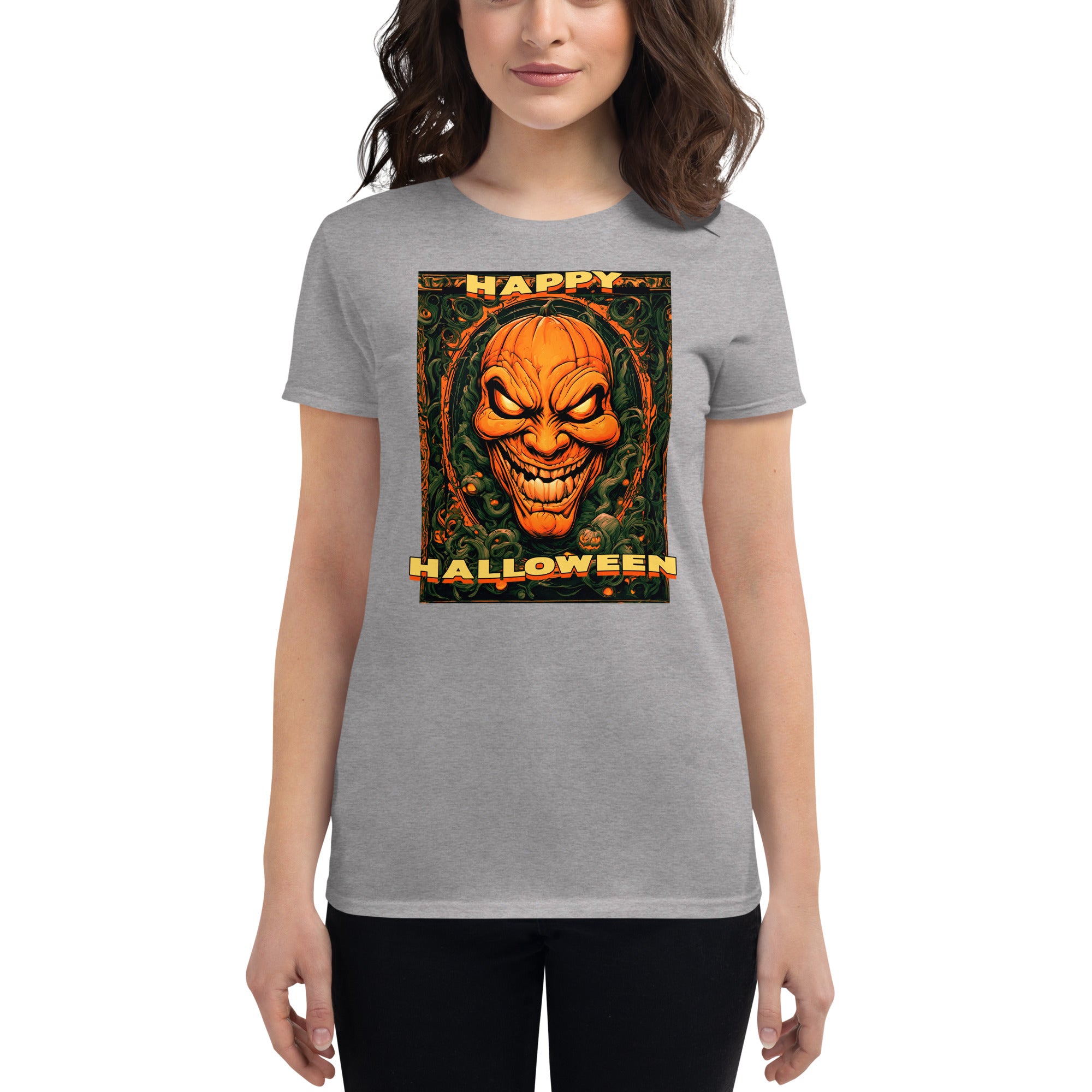 Happy Halloween Carved Evil Pumpkin Face Women's Short Sleeve Babydoll T-shirt