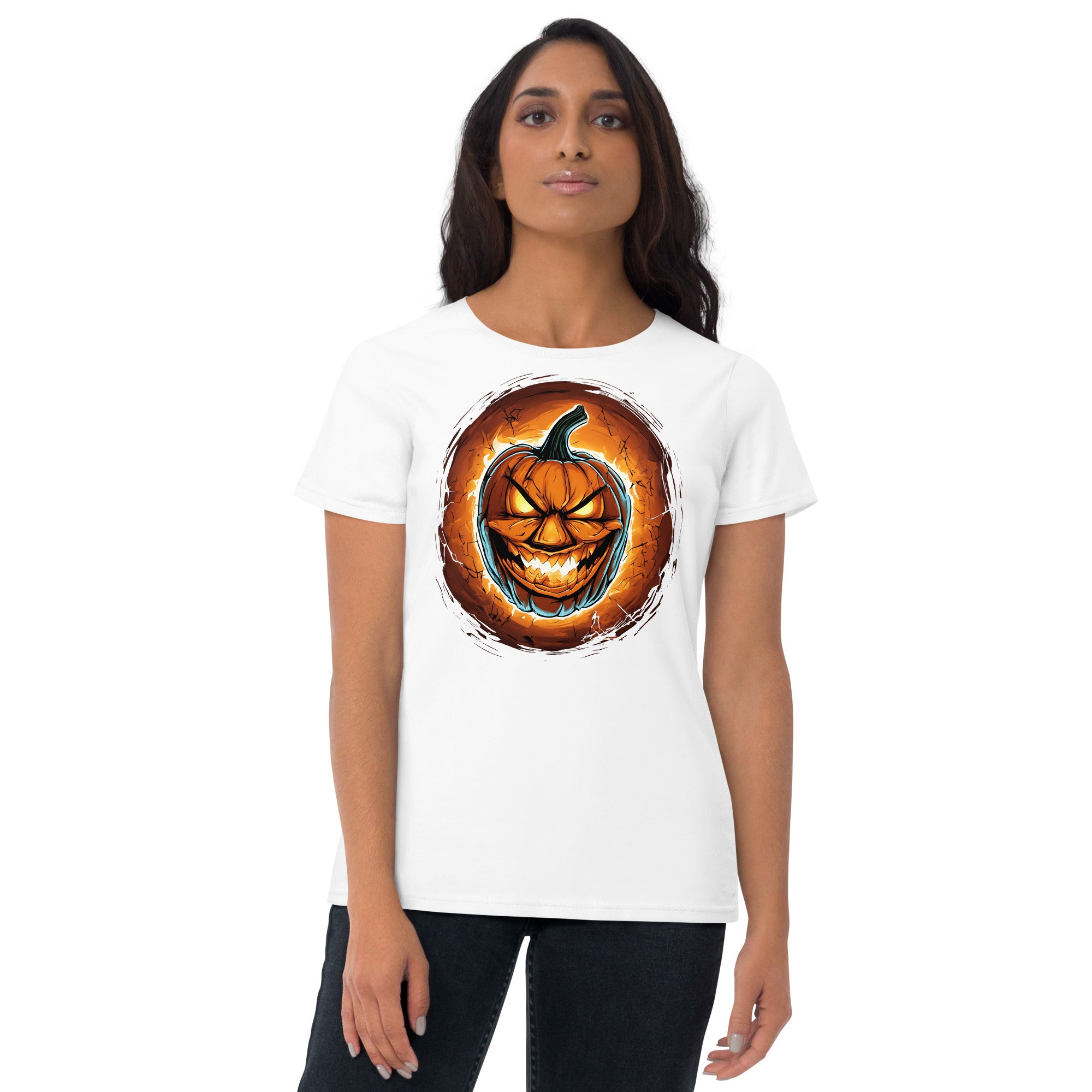 Halloween Fire Pumpkin Jack O Lantern Season Women's Short Sleeve Babydoll T-shirt