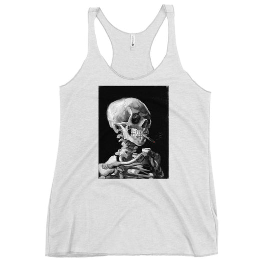 Skeleton Smoking Van Gogh graphic on women's racerback tank, front view
