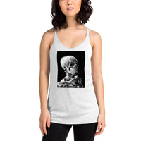 Skeleton Smoking Van Gogh graphic on women's racerback tank, front view