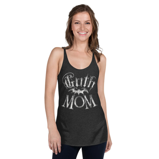 Goth Mom Bat graphic on women's racerback tank, front view