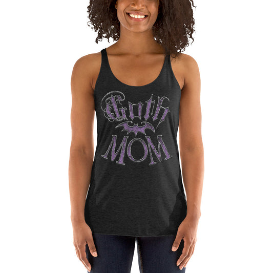 Goth Mom Bat graphic on women's racerback tank, front view