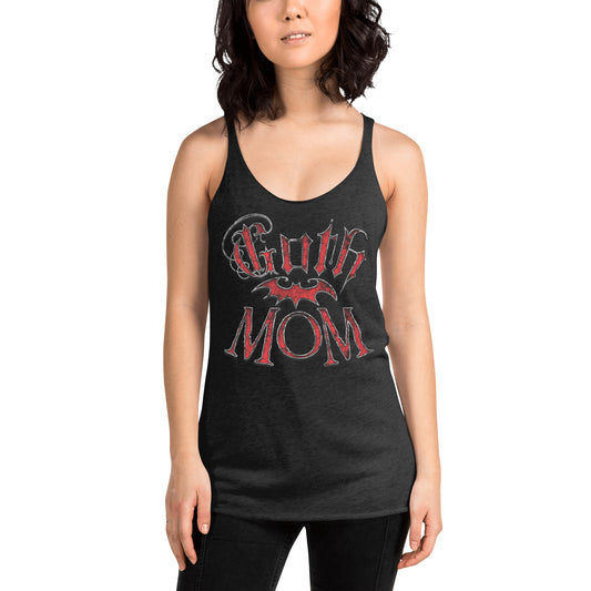 Goth Mom Bat graphic on women's racerback tank, front view