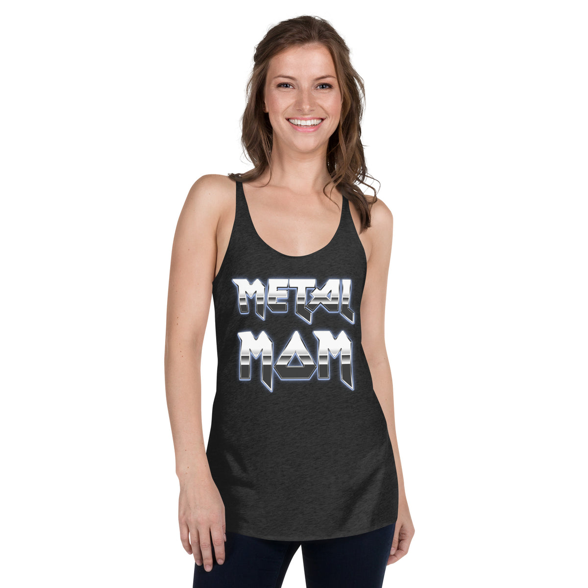 Metal Mom graphic on women's racerback tank, front view