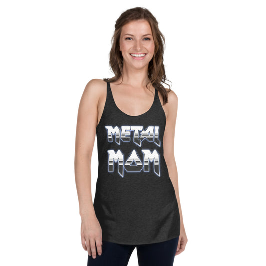 Metal Mom graphic on women's racerback tank, front view