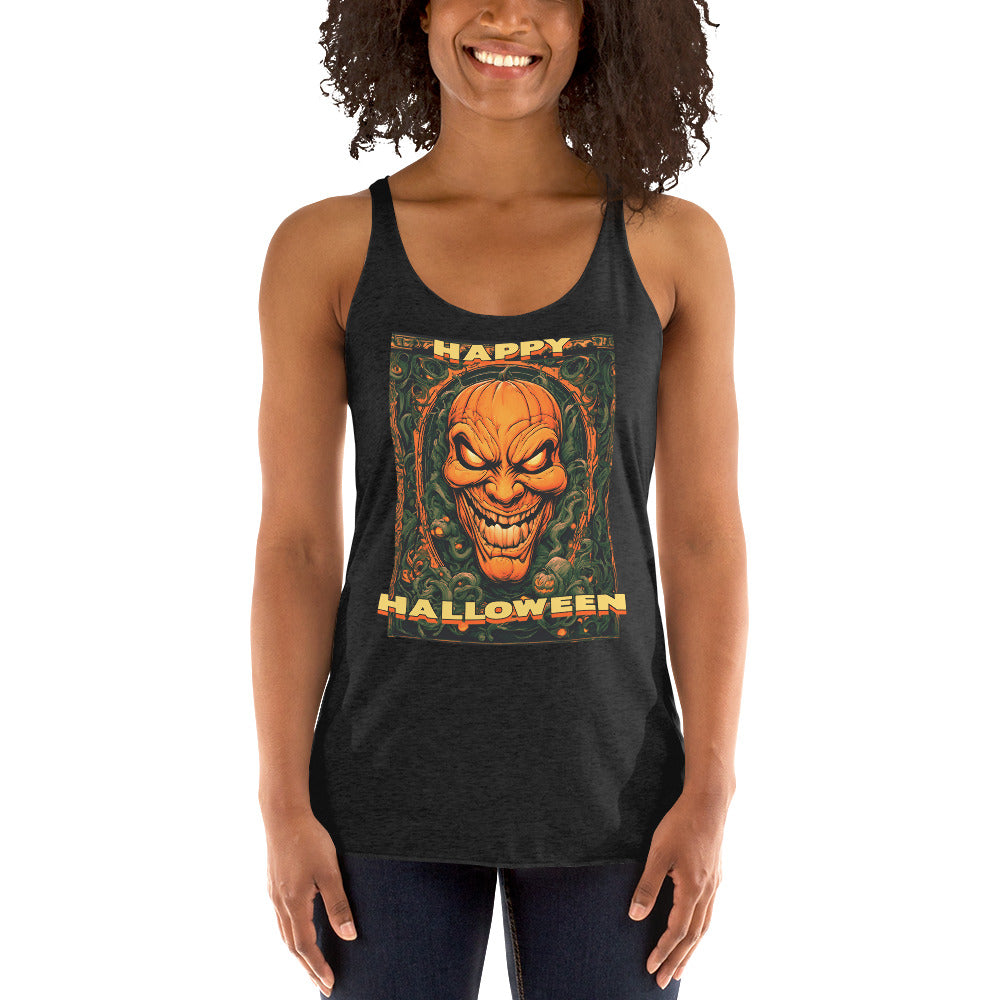 Happy Halloween Carved Evil Pumpkin Face Women's Racerback Tank Top Shirt